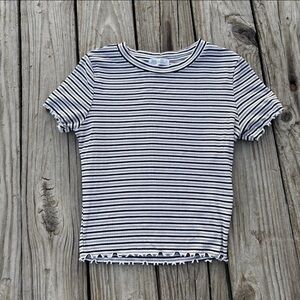 Ladies Haley & June Shirt Size Medium Stripped brown round neck short sleeve